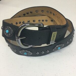 Cafe Noir Black Leather Belt with Turquoise Accents - Large